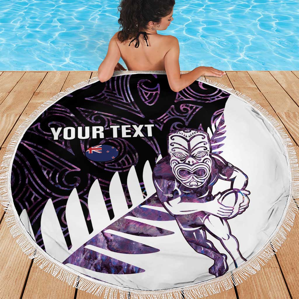 New Zealand Silver Fern Rugby Custom Beach Blanket Go All Black Purple Maori Paua Shell - Polynesian Pride