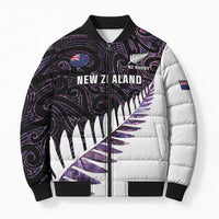 New Zealand Silver Fern Rugby Custom Bomber Puffer Jacket Go All Black Purple Maori Paua Shell - Polynesian Pride