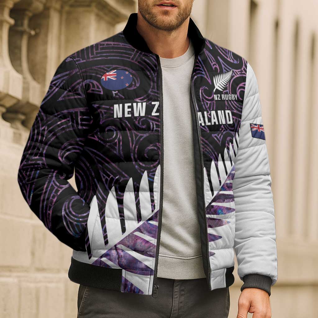 New Zealand Silver Fern Rugby Custom Bomber Puffer Jacket Go All Black Purple Maori Paua Shell - Polynesian Pride