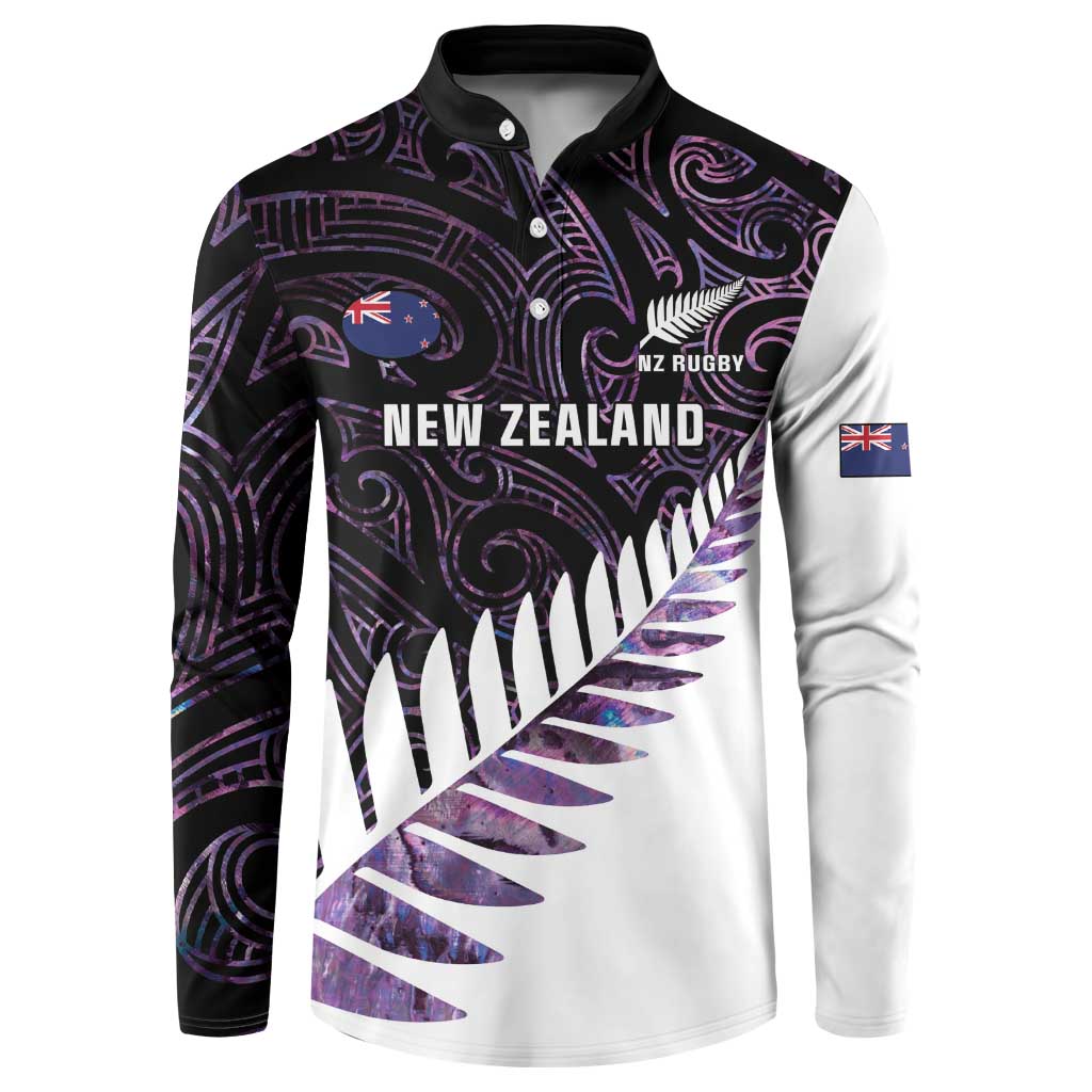 New Zealand Silver Fern Rugby Custom Button Sweatshirt Go All Black Purple Maori Paua Shell - Polynesian Pride