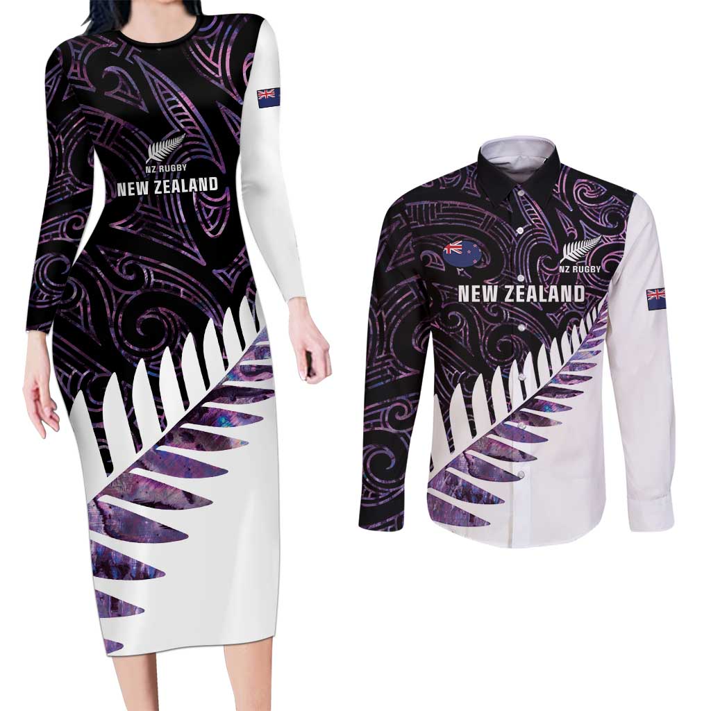 New Zealand Silver Fern Rugby Custom Couples Matching Long Sleeve Bodycon Dress and Long Sleeve Button Shirt Go All Black Purple Maori Paua Shell - Polynesian Pride