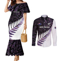 New Zealand Silver Fern Rugby Custom Couples Matching Mermaid Dress and Long Sleeve Button Shirt Go All Black Purple Maori Paua Shell - Polynesian Pride
