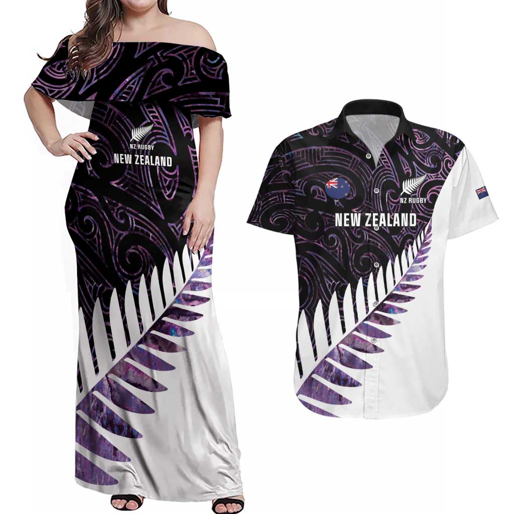 New Zealand Silver Fern Rugby Custom Couples Matching Off Shoulder Maxi Dress and Hawaiian Shirt Go All Black Purple Maori Paua Shell - Polynesian Pride