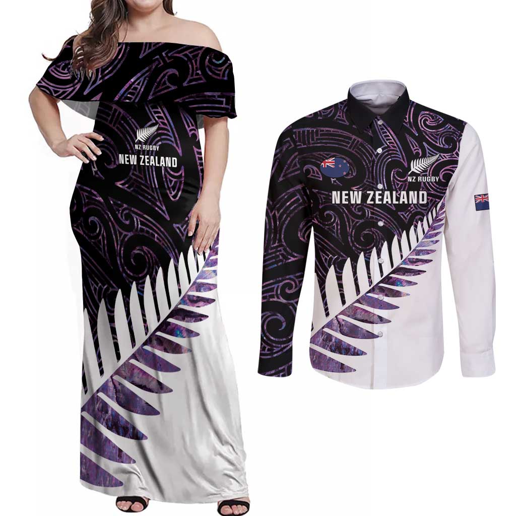 New Zealand Silver Fern Rugby Custom Couples Matching Off Shoulder Maxi Dress and Long Sleeve Button Shirt Go All Black Purple Maori Paua Shell - Polynesian Pride