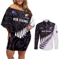 New Zealand Silver Fern Rugby Custom Couples Matching Off Shoulder Short Dress and Long Sleeve Button Shirt Go All Black Purple Maori Paua Shell - Polynesian Pride