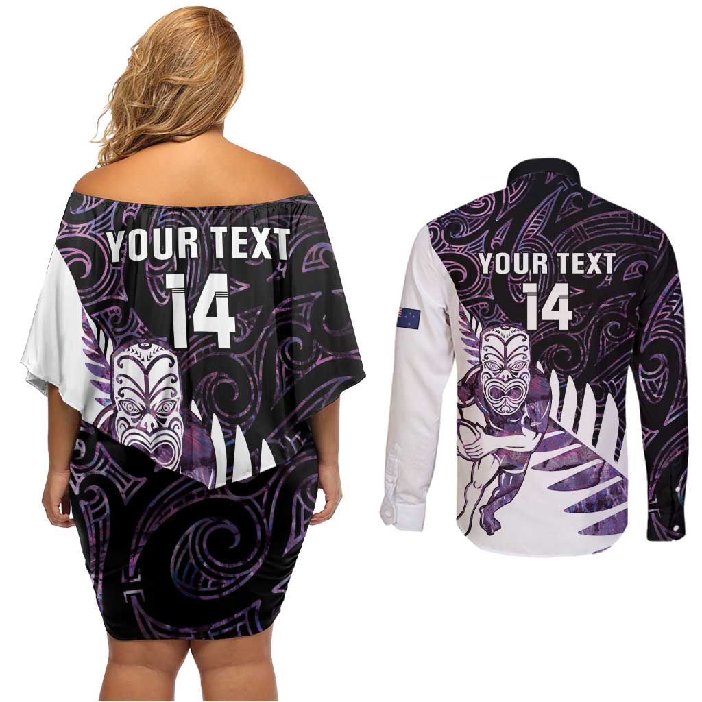 New Zealand Silver Fern Rugby Custom Couples Matching Off Shoulder Short Dress and Long Sleeve Button Shirt Go All Black Purple Maori Paua Shell - Polynesian Pride