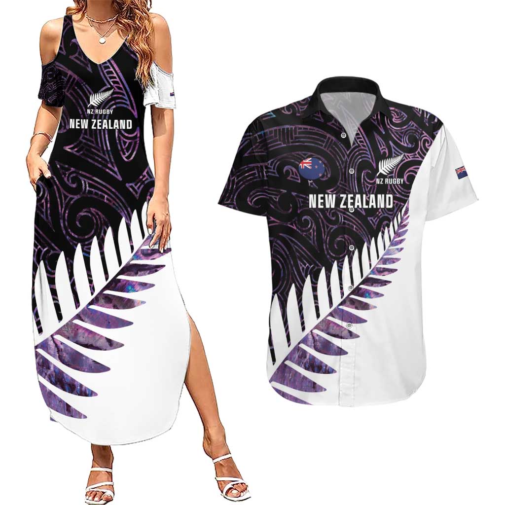 New Zealand Silver Fern Rugby Custom Couples Matching Summer Maxi Dress and Hawaiian Shirt Go All Black Purple Maori Paua Shell - Polynesian Pride