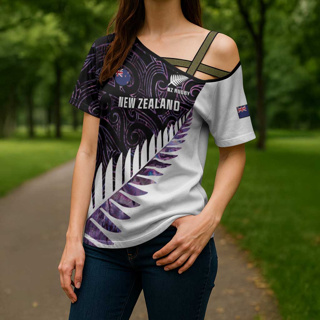 New Zealand Silver Fern Rugby Custom Cross Shoulder Shirt Go All Black Purple Maori Paua Shell - Polynesian Pride