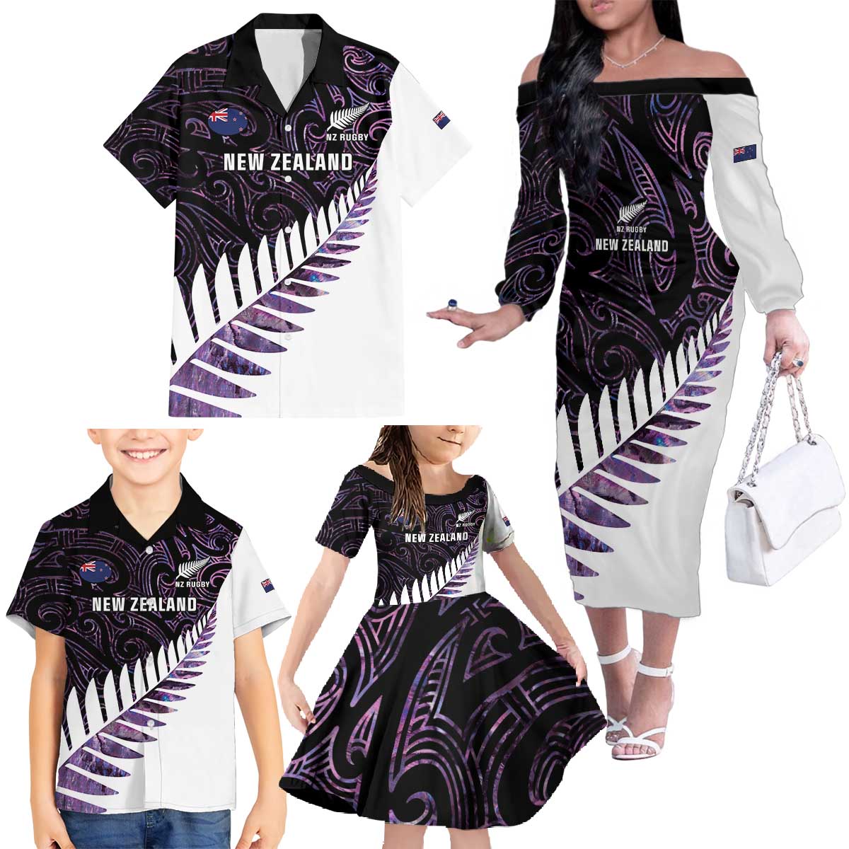 New Zealand Silver Fern Rugby Custom Family Matching Off The Shoulder Long Sleeve Dress and Hawaiian Shirt Go All Black Purple Maori Paua Shell - Polynesian Pride