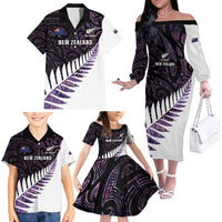 New Zealand Silver Fern Rugby Custom Family Matching Off The Shoulder Long Sleeve Dress and Hawaiian Shirt Go All Black Purple Maori Paua Shell - Polynesian Pride