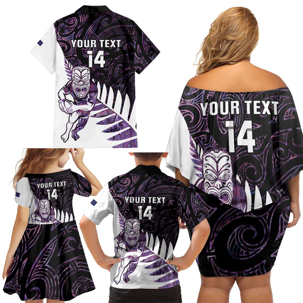 New Zealand Silver Fern Rugby Custom Family Matching Off Shoulder Short Dress and Hawaiian Shirt Go All Black Purple Maori Paua Shell - Polynesian Pride