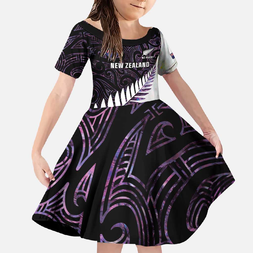 New Zealand Silver Fern Rugby Custom Family Matching Summer Maxi Dress and Hawaiian Shirt Go All Black Purple Maori Paua Shell - Polynesian Pride