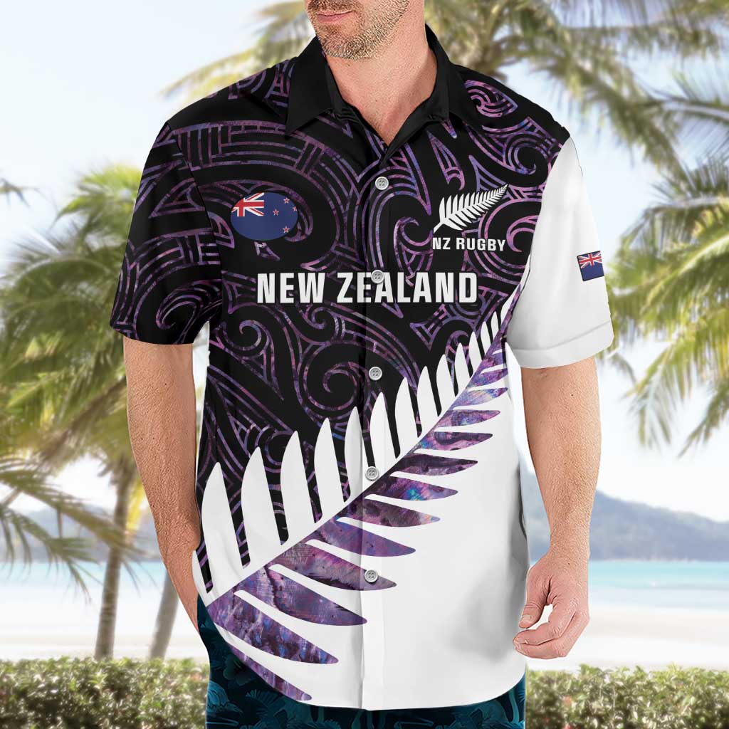 New Zealand Silver Fern Rugby Custom Hawaiian Shirt Go All Black Purple Maori Paua Shell - Polynesian Pride