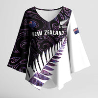 New Zealand Silver Fern Rugby Custom Kimono Sleeve Blouse Go All Black Purple Maori Paua Shell - Polynesian Pride
