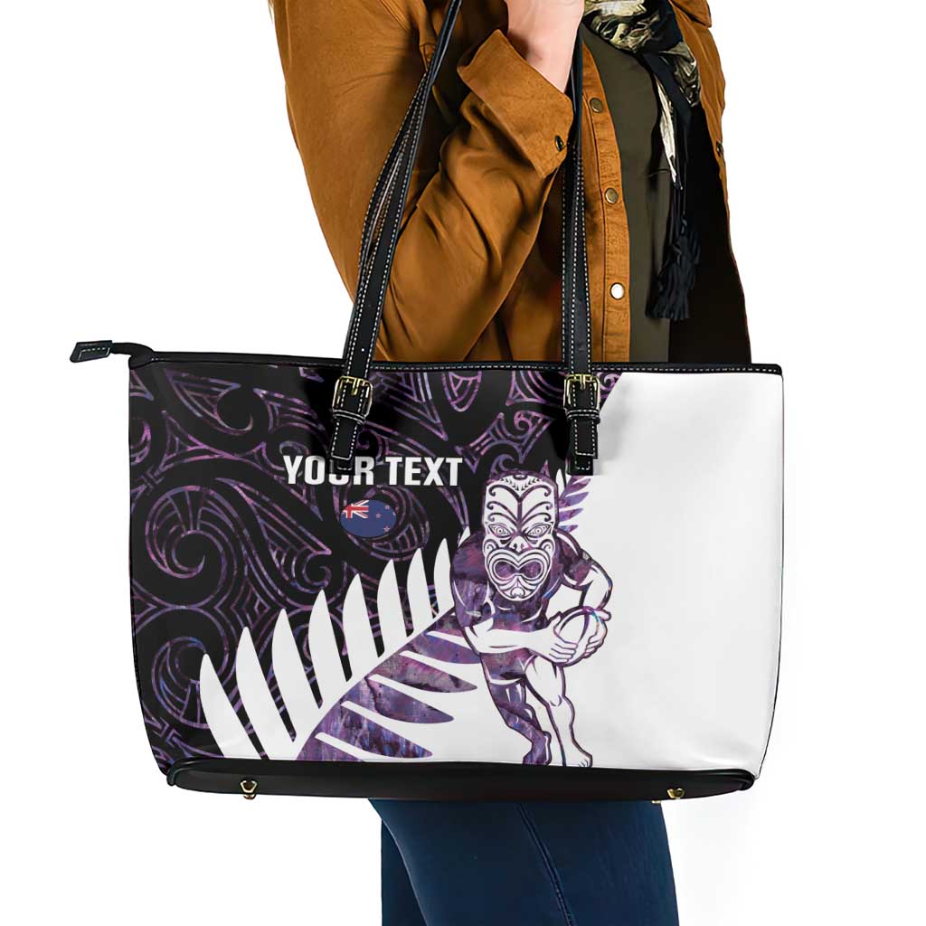 New Zealand Silver Fern Rugby Custom Leather Tote Bag Go All Black Purple Maori Paua Shell - Polynesian Pride