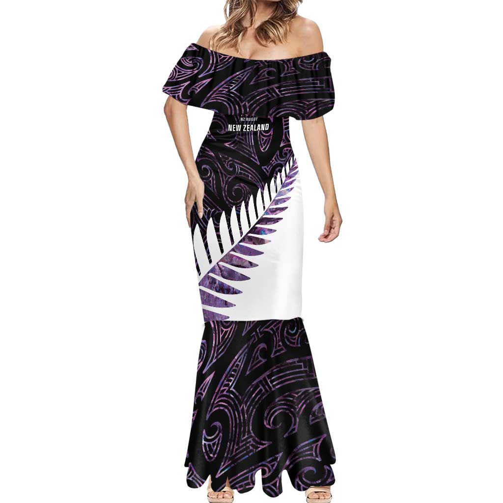 New Zealand Silver Fern Rugby Custom Mermaid Dress Go All Black Purple Maori Paua Shell - Polynesian Pride