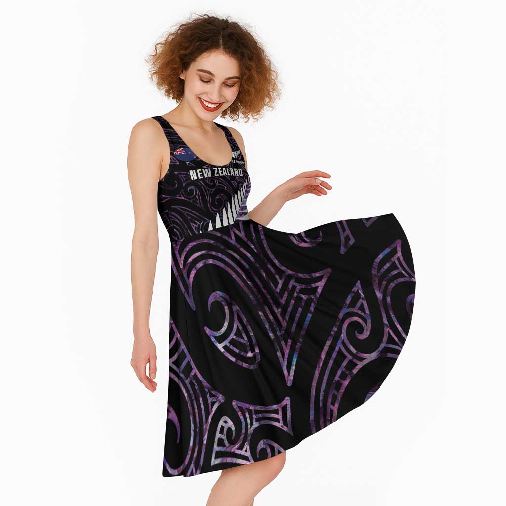 New Zealand Silver Fern Rugby Custom Midi Dress Go All Black Purple Maori Paua Shell - Polynesian Pride