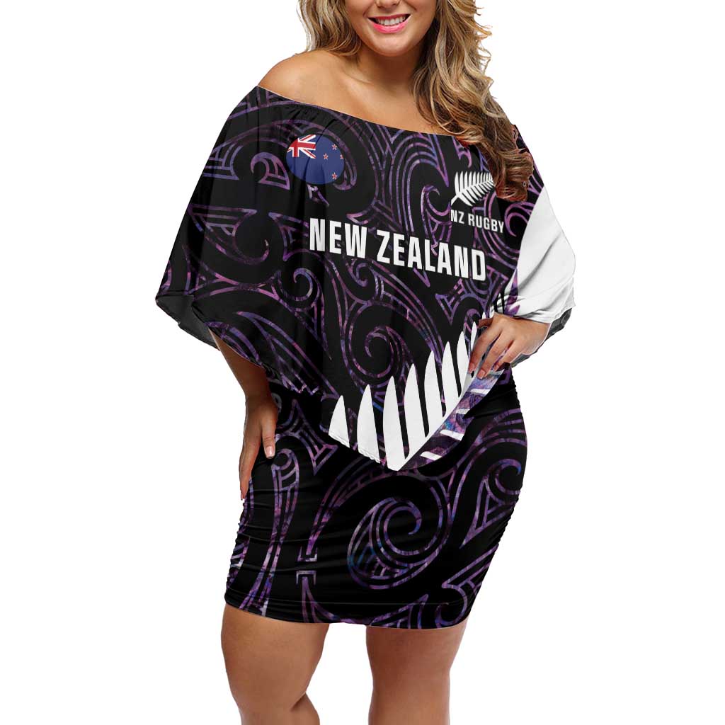 New Zealand Silver Fern Rugby Custom Off Shoulder Short Dress Go All Black Purple Maori Paua Shell - Polynesian Pride