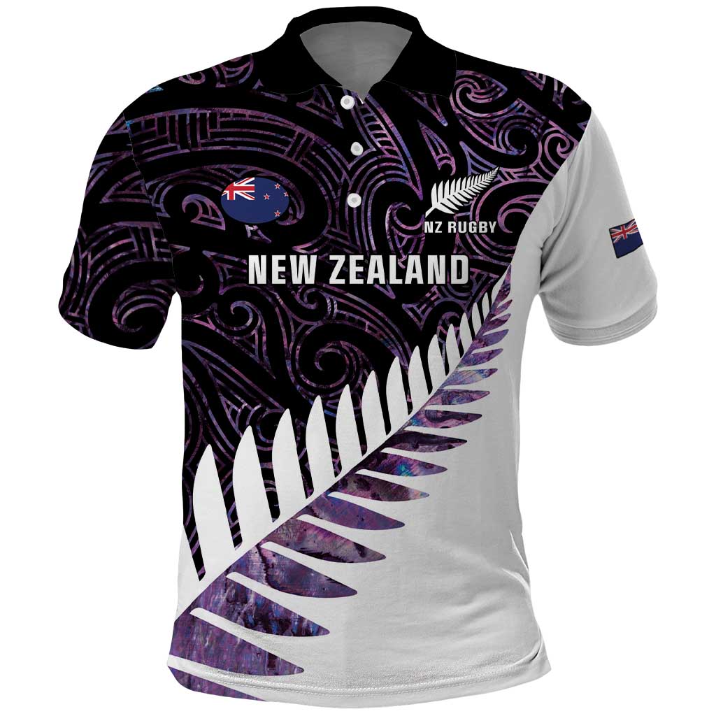 New Zealand Silver Fern Rugby Custom Polo Shirt Go All Black Purple Maori Paua Shell - Polynesian Pride