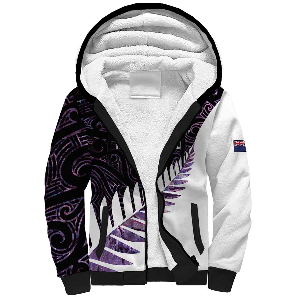 New Zealand Silver Fern Rugby Custom Sherpa Hoodie Go All Black Purple Maori Paua Shell - Polynesian Pride
