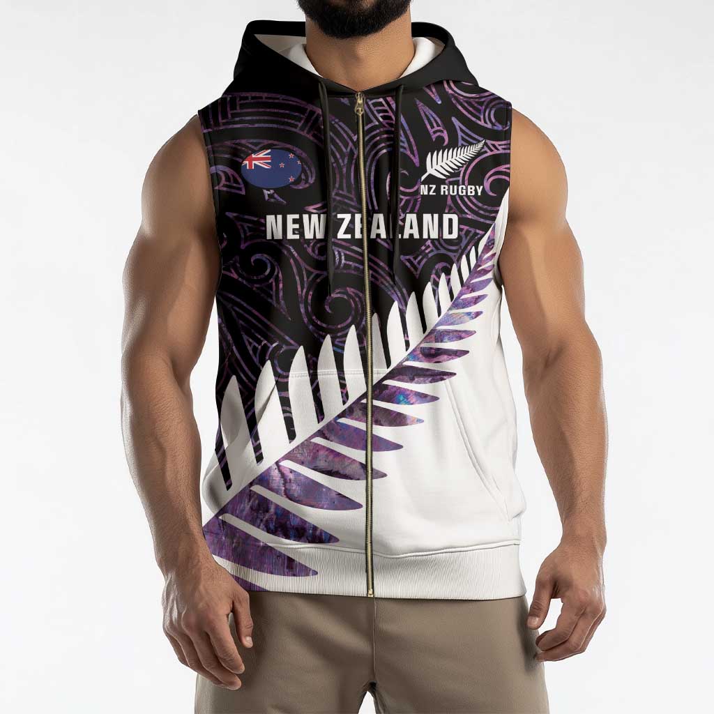 New Zealand Silver Fern Rugby Custom Sleeveless Zip Hoodie Go All Black Purple Maori Paua Shell - Polynesian Pride
