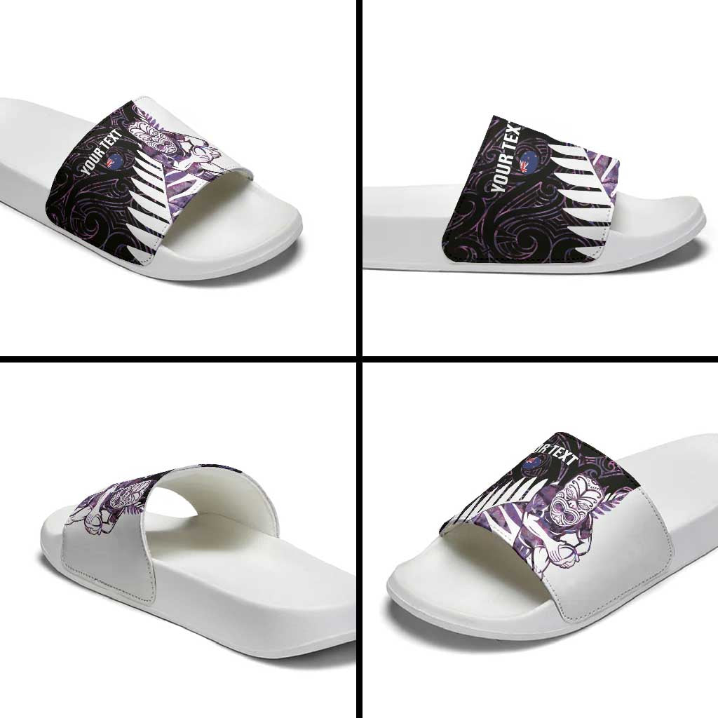 New Zealand Silver Fern Rugby Custom Slide Sandals Go All Black Purple Maori Paua Shell - Polynesian Pride