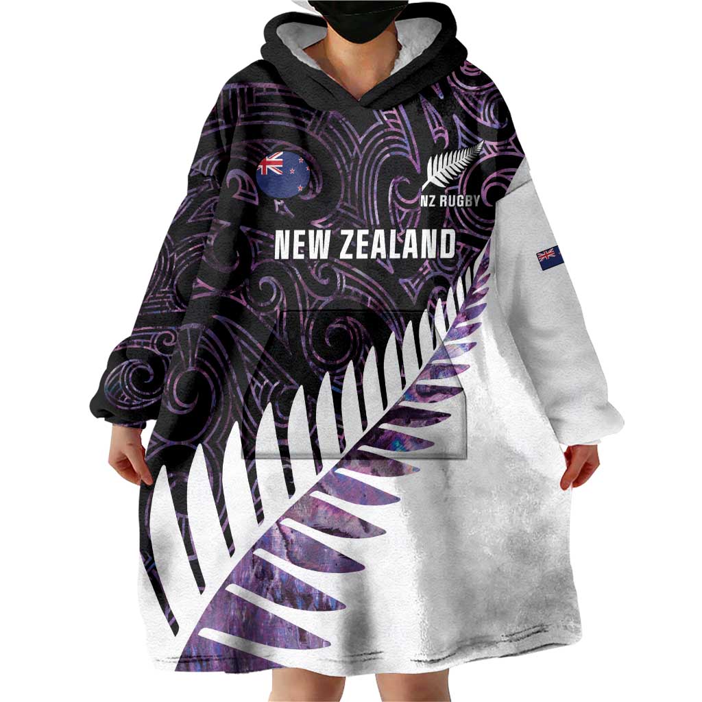 New Zealand Silver Fern Rugby Custom Wearable Blanket Hoodie Go All Black Purple Maori Paua Shell - Polynesian Pride