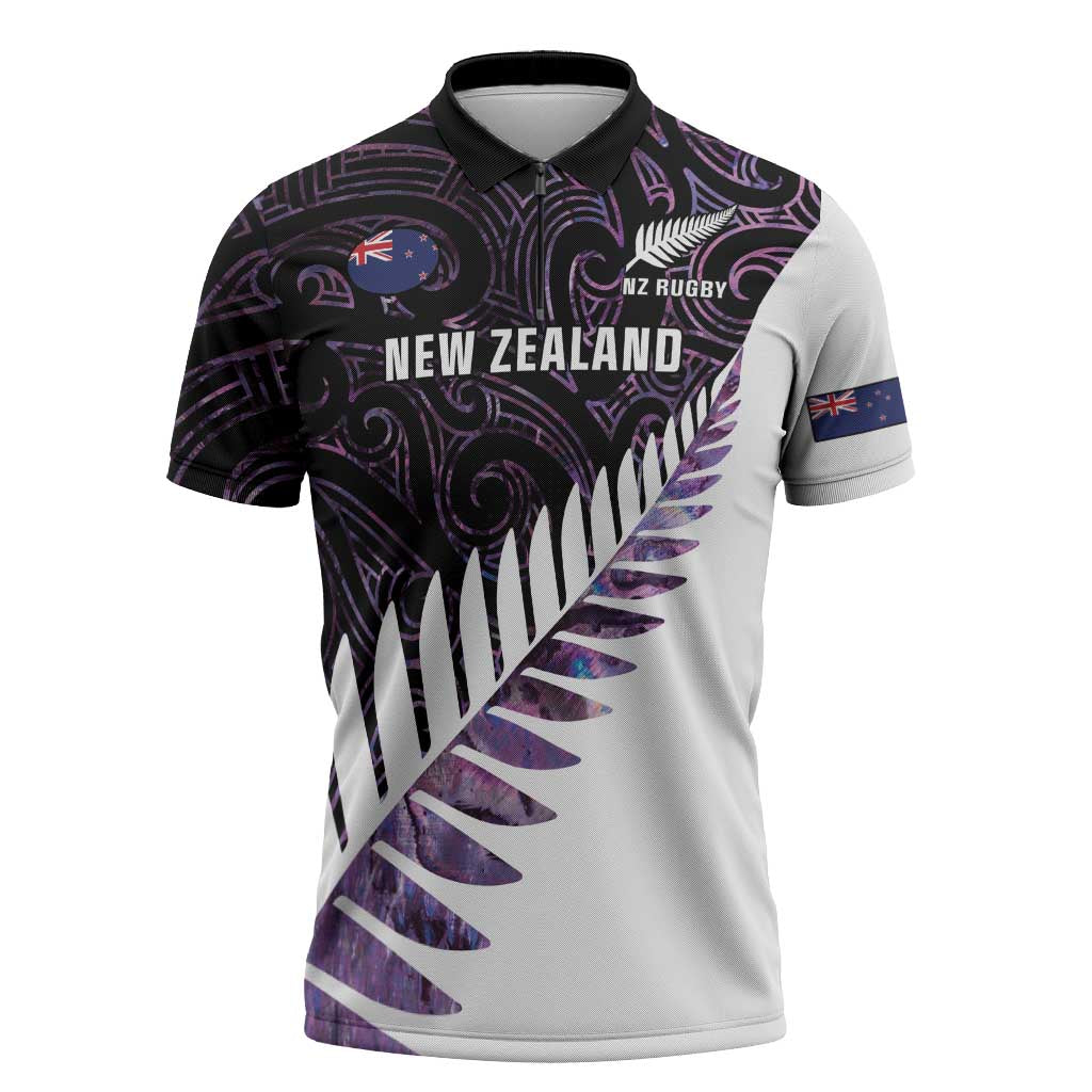 New Zealand Silver Fern Rugby Custom Zipper Polo Shirt Go All Black Purple Maori Paua Shell - Polynesian Pride