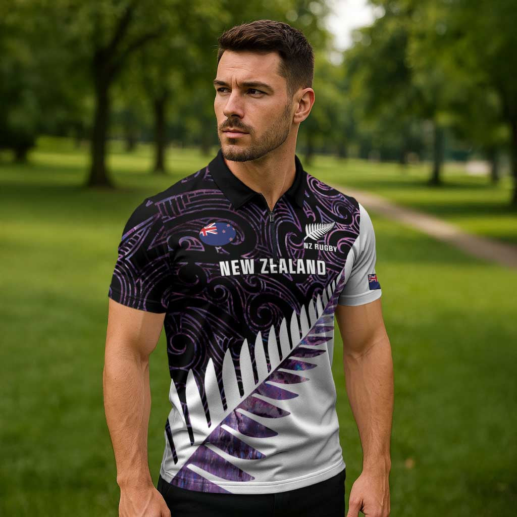 New Zealand Silver Fern Rugby Custom Zipper Polo Shirt Go All Black Purple Maori Paua Shell - Polynesian Pride