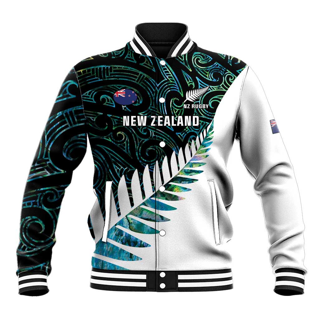 New Zealand Silver Fern Rugby Custom Baseball Jacket Go All Black Turquoise Maori Paua Shell - Polynesian Pride