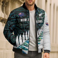 New Zealand Silver Fern Rugby Custom Bomber Puffer Jacket Go All Black Turquoise Maori Paua Shell - Polynesian Pride