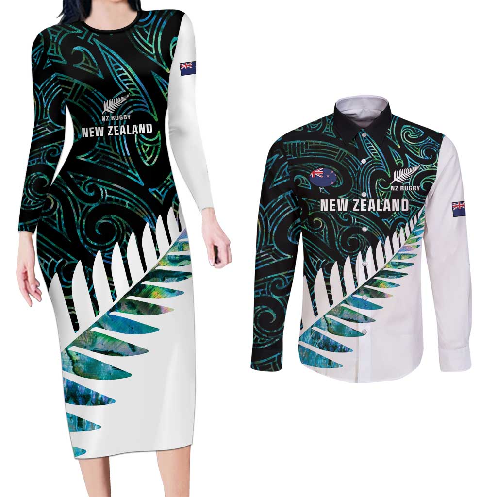 New Zealand Silver Fern Rugby Custom Couples Matching Long Sleeve Bodycon Dress and Long Sleeve Button Shirt Go All Black Turquoise Maori Paua Shell - Polynesian Pride