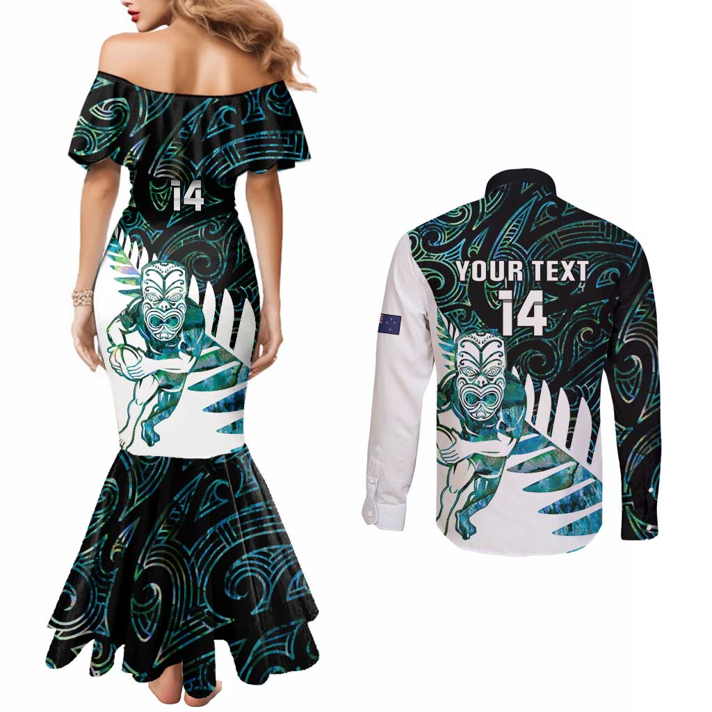 New Zealand Silver Fern Rugby Custom Couples Matching Mermaid Dress and Long Sleeve Button Shirt Go All Black Turquoise Maori Paua Shell - Polynesian Pride