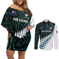 New Zealand Silver Fern Rugby Custom Couples Matching Off Shoulder Short Dress and Long Sleeve Button Shirt Go All Black Turquoise Maori Paua Shell - Polynesian Pride