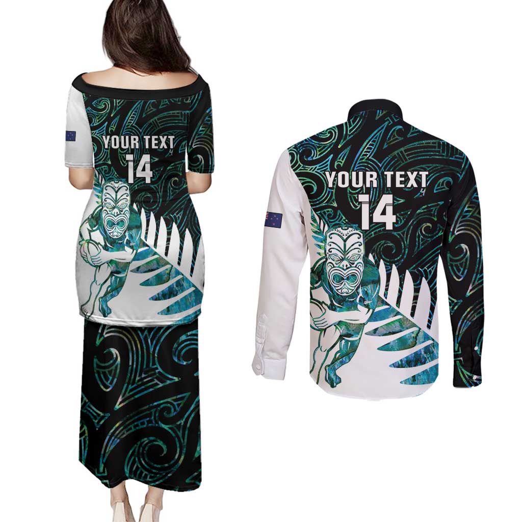 New Zealand Silver Fern Rugby Custom Couples Matching Puletasi and Long Sleeve Button Shirt Go All Black Turquoise Maori Paua Shell - Polynesian Pride