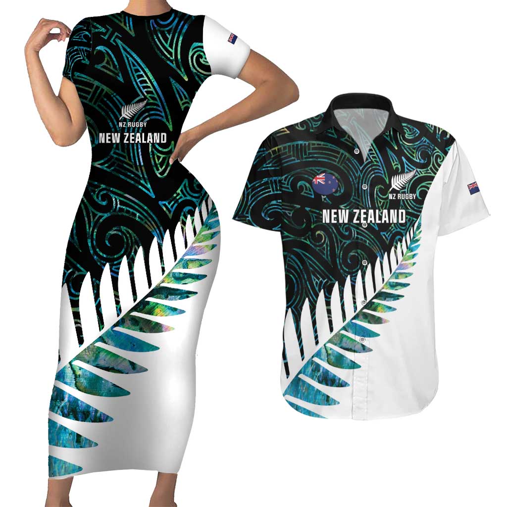 New Zealand Silver Fern Rugby Custom Couples Matching Short Sleeve Bodycon Dress and Hawaiian Shirt Go All Black Turquoise Maori Paua Shell - Polynesian Pride