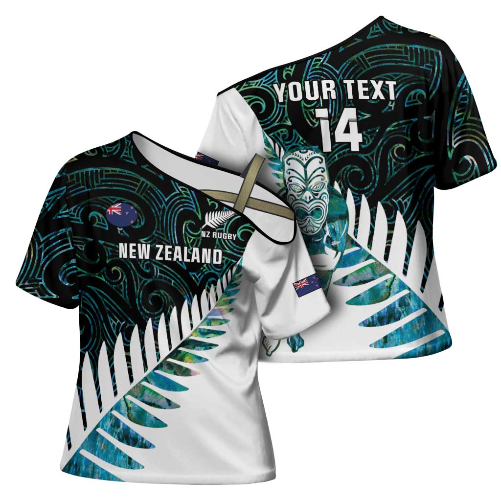 New Zealand Silver Fern Rugby Custom Cross Shoulder Shirt Go All Black Turquoise Maori Paua Shell - Polynesian Pride