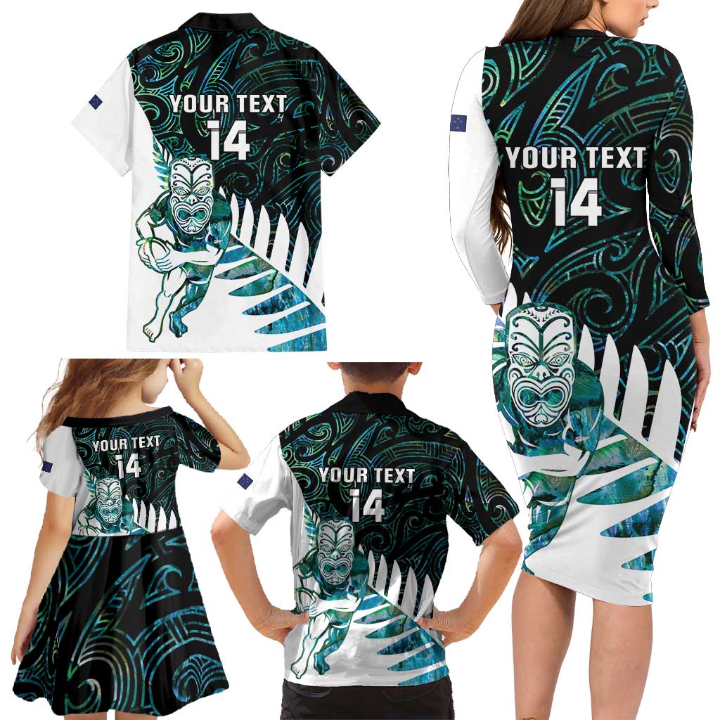 New Zealand Silver Fern Rugby Custom Family Matching Long Sleeve Bodycon Dress and Hawaiian Shirt Go All Black Turquoise Maori Paua Shell - Polynesian Pride
