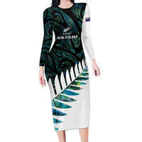 New Zealand Silver Fern Rugby Custom Family Matching Long Sleeve Bodycon Dress and Hawaiian Shirt Go All Black Turquoise Maori Paua Shell - Polynesian Pride