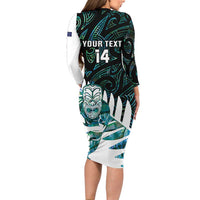 New Zealand Silver Fern Rugby Custom Family Matching Long Sleeve Bodycon Dress and Hawaiian Shirt Go All Black Turquoise Maori Paua Shell - Polynesian Pride