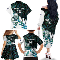 New Zealand Silver Fern Rugby Custom Family Matching Off The Shoulder Long Sleeve Dress and Hawaiian Shirt Go All Black Turquoise Maori Paua Shell - Polynesian Pride