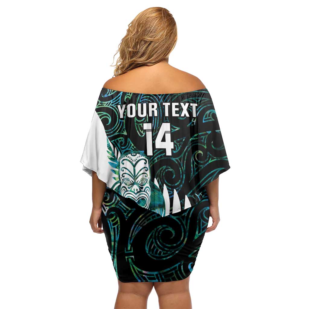 New Zealand Silver Fern Rugby Custom Family Matching Off Shoulder Short Dress and Hawaiian Shirt Go All Black Turquoise Maori Paua Shell - Polynesian Pride