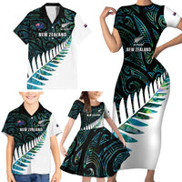 New Zealand Silver Fern Rugby Custom Family Matching Short Sleeve Bodycon Dress and Hawaiian Shirt Go All Black Turquoise Maori Paua Shell - Polynesian Pride