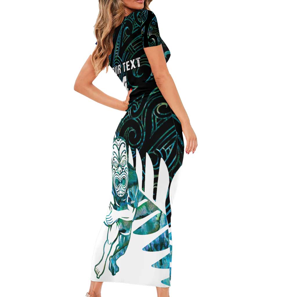 New Zealand Silver Fern Rugby Custom Family Matching Short Sleeve Bodycon Dress and Hawaiian Shirt Go All Black Turquoise Maori Paua Shell - Polynesian Pride