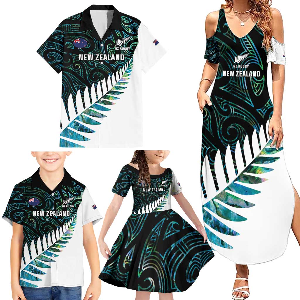 New Zealand Silver Fern Rugby Custom Family Matching Summer Maxi Dress and Hawaiian Shirt Go All Black Turquoise Maori Paua Shell - Polynesian Pride