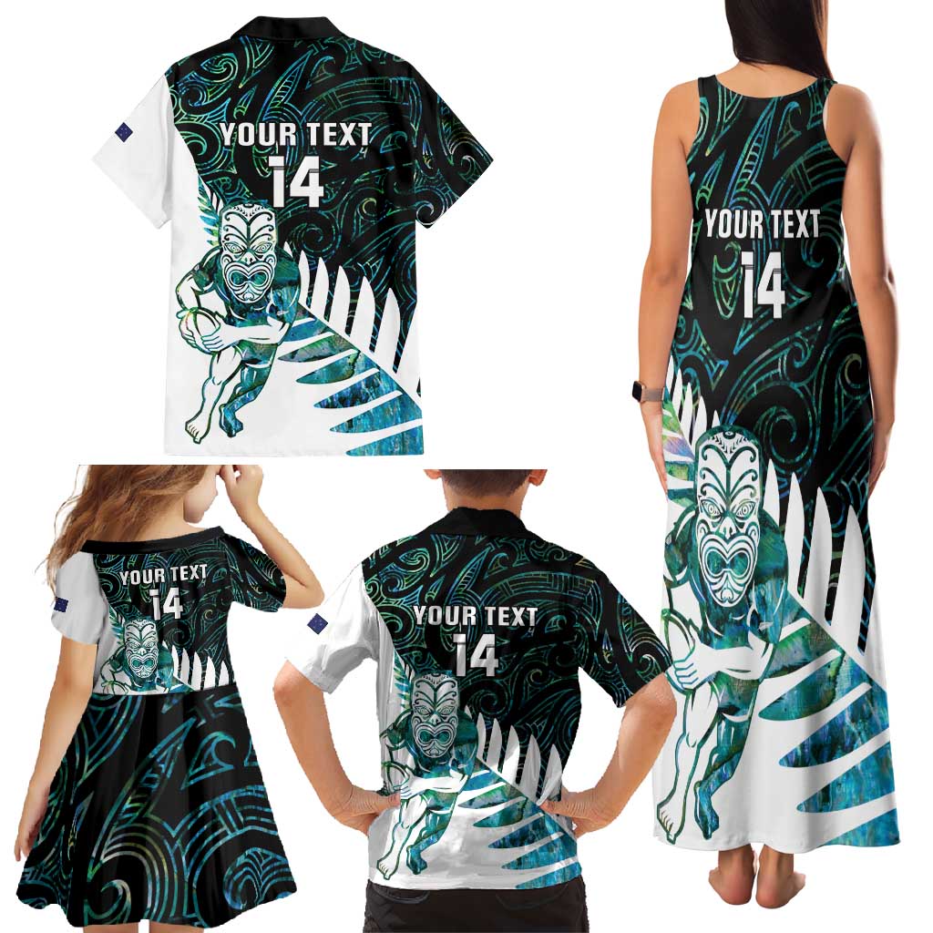 New Zealand Silver Fern Rugby Custom Family Matching Tank Maxi Dress and Hawaiian Shirt Go All Black Turquoise Maori Paua Shell - Polynesian Pride