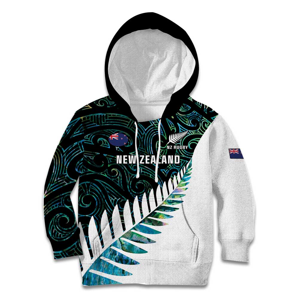 New Zealand Silver Fern Rugby Custom Kid Hoodie Go All Black Turquoise Maori Paua Shell - Polynesian Pride
