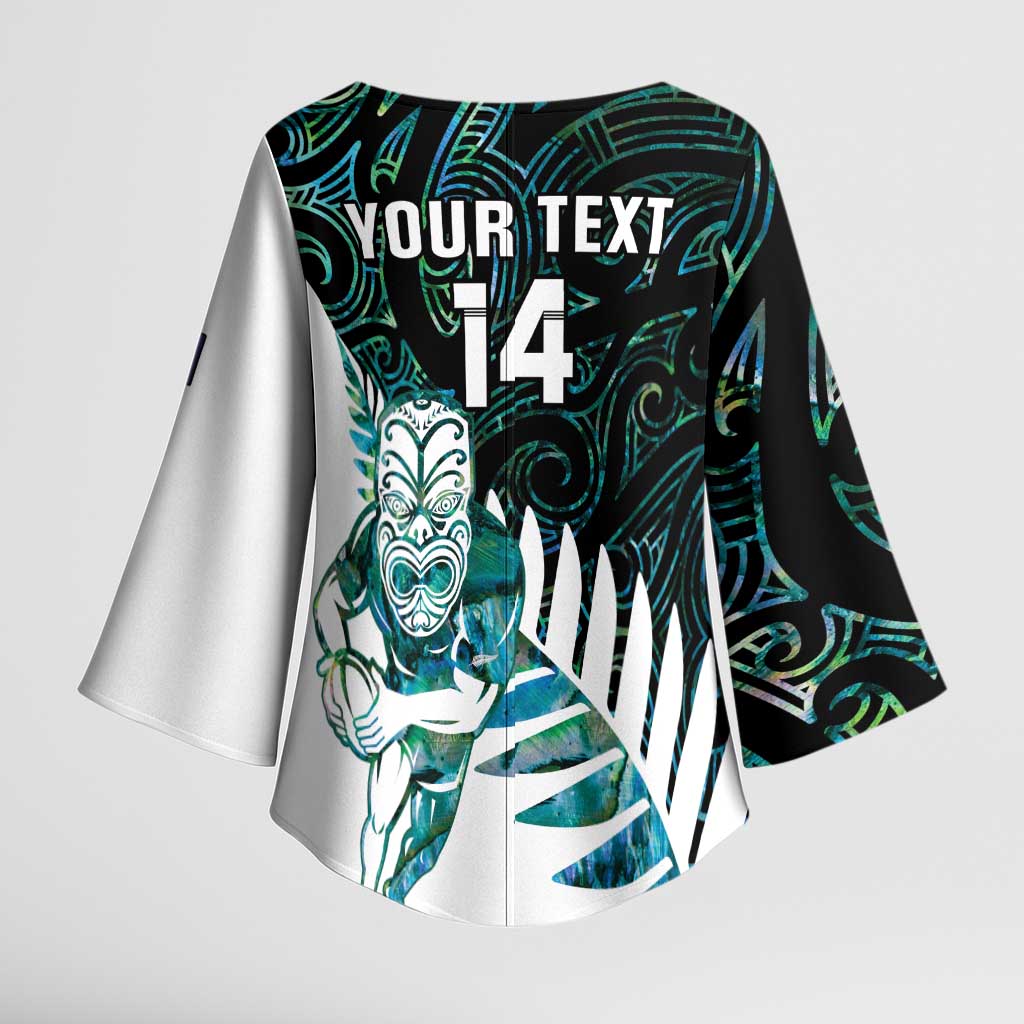 New Zealand Silver Fern Rugby Custom Kimono Sleeve Blouse Go All Black Turquoise Maori Paua Shell - Polynesian Pride