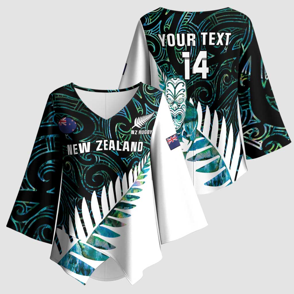 New Zealand Silver Fern Rugby Custom Kimono Sleeve Blouse Go All Black Turquoise Maori Paua Shell - Polynesian Pride
