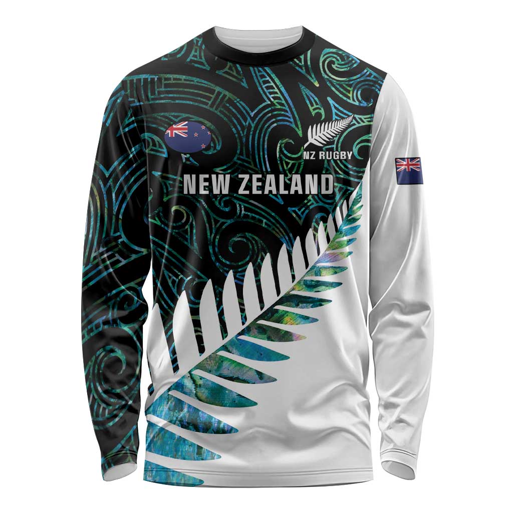 New Zealand Silver Fern Rugby Custom Long Sleeve Shirt Go All Black Turquoise Maori Paua Shell - Polynesian Pride
